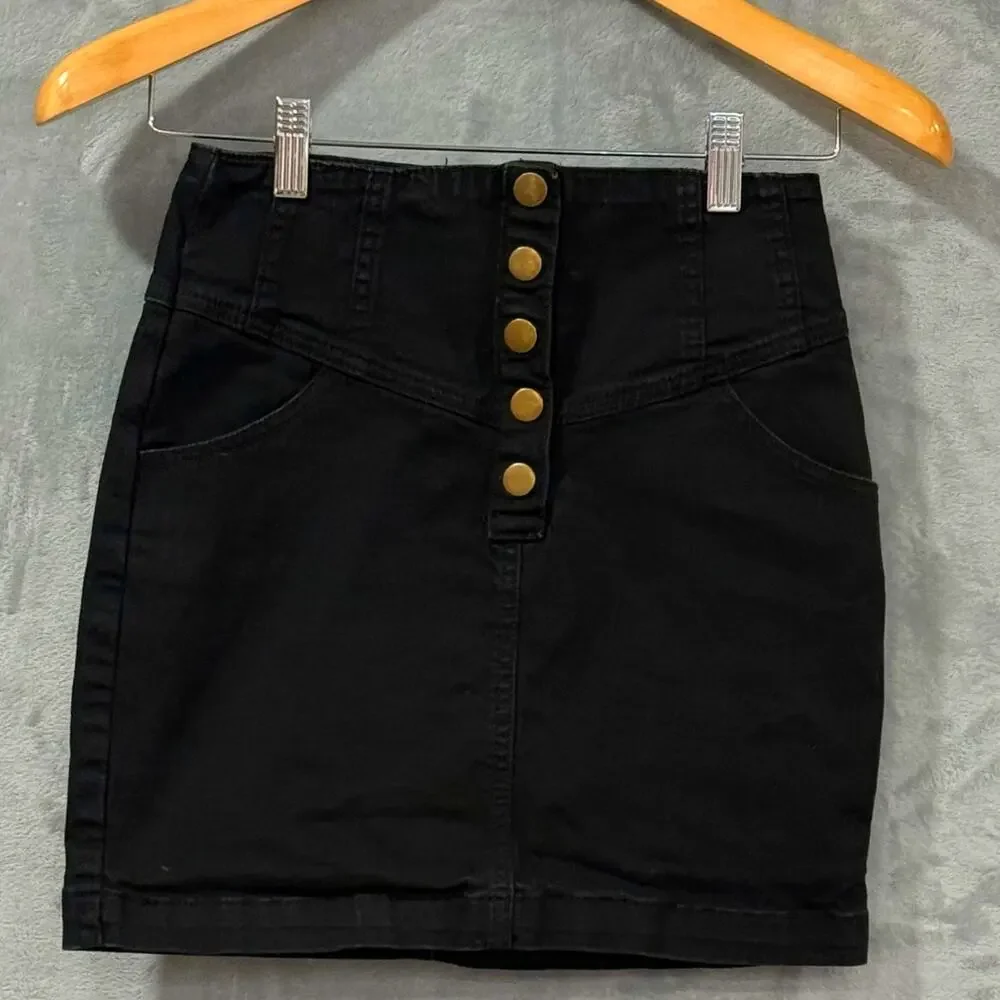 Y2K Black Denim Mini Skirt Button Front High Waist Forever 21 Women's Small Goth